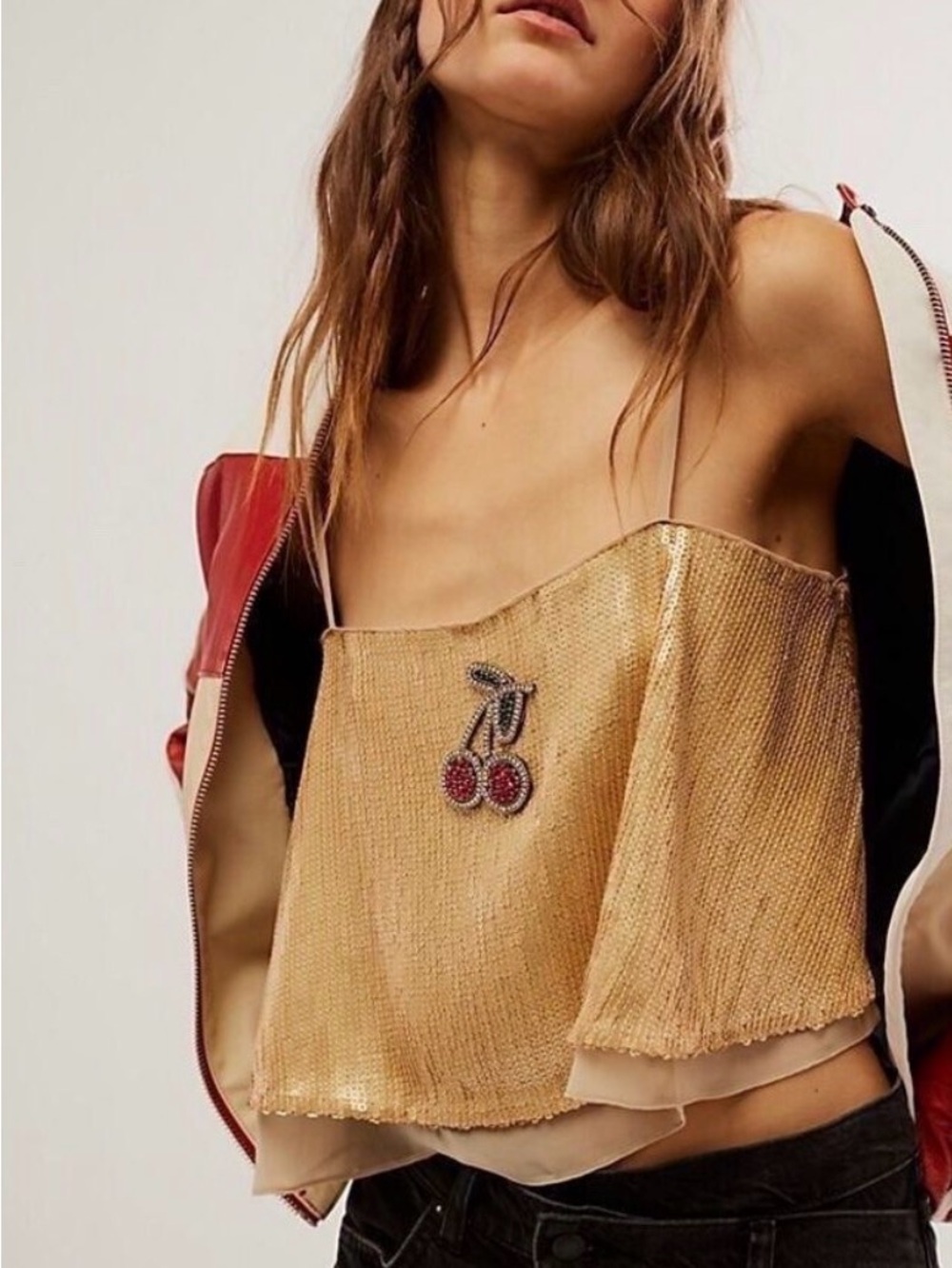 Free People Gold Sequin Cherry Appliqué Cami Top - Women size xs